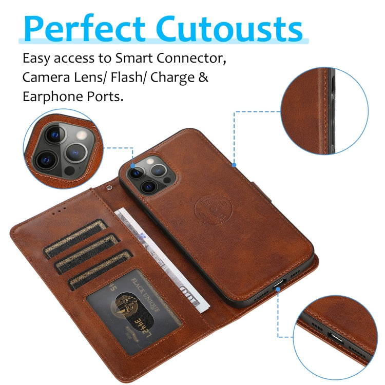 For iPhone 12 / 12 Pro Calf Texture 2 in 1 Detachable Magnetic Back Cover Horizontal Flip Leather Case with Holder & Card Slots & Wallet & Photo Frame(Brown) by buy2fix