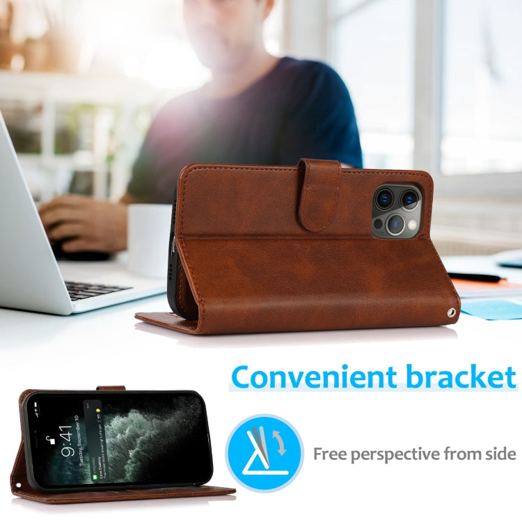 For iPhone 12 Pro Max Calf Texture 2 in 1 Detachable Magnetic Back Cover Horizontal Flip Leather Case with Holder & Card Slots & Wallet & Photo Frame(Brown) by buy2fix