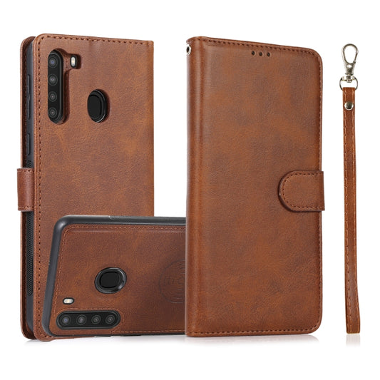 For Samsung Galaxy A21 Calf Texture 2 in 1 Detachable Magnetic Back Cover Horizontal Flip Leather Case with Holder & Card Slots & Wallet & Photo Frame(Brown) by buy2fix