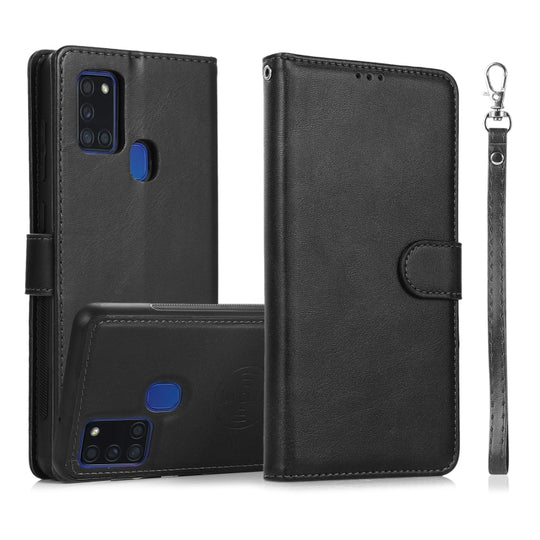 For Samsung Galaxy A21s Calf Texture 2 in 1 Detachable Magnetic Back Cover Horizontal Flip Leather Case with Holder & Card Slots & Wallet & Photo Frame(Black)