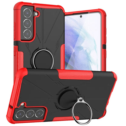 For Samsung Galaxy S21 FE Machine Armor Bear Shockproof PC + TPU Protective Case with Ring Holder(Red) by buy2fix