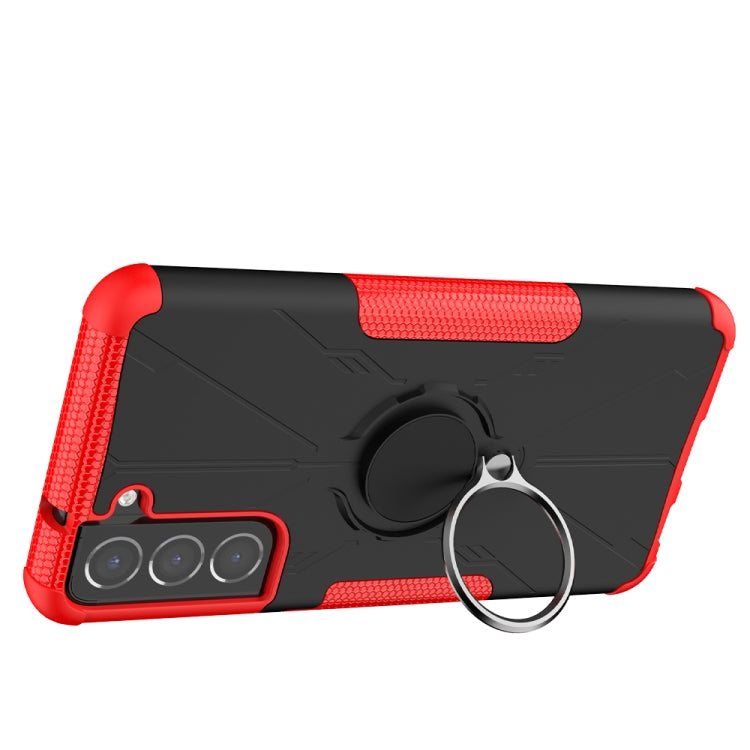 For Samsung Galaxy S21 FE Machine Armor Bear Shockproof PC + TPU Protective Case with Ring Holder(Red) by buy2fix