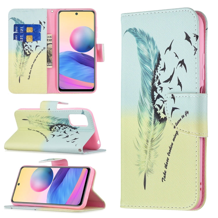For Xiaomi Poco M3 Pro / Redmi Note 10 5G Colored Drawing Pattern Horizontal Flip Leather Case with Holder & Card Slots & Wallet(Feather) by buy2fix