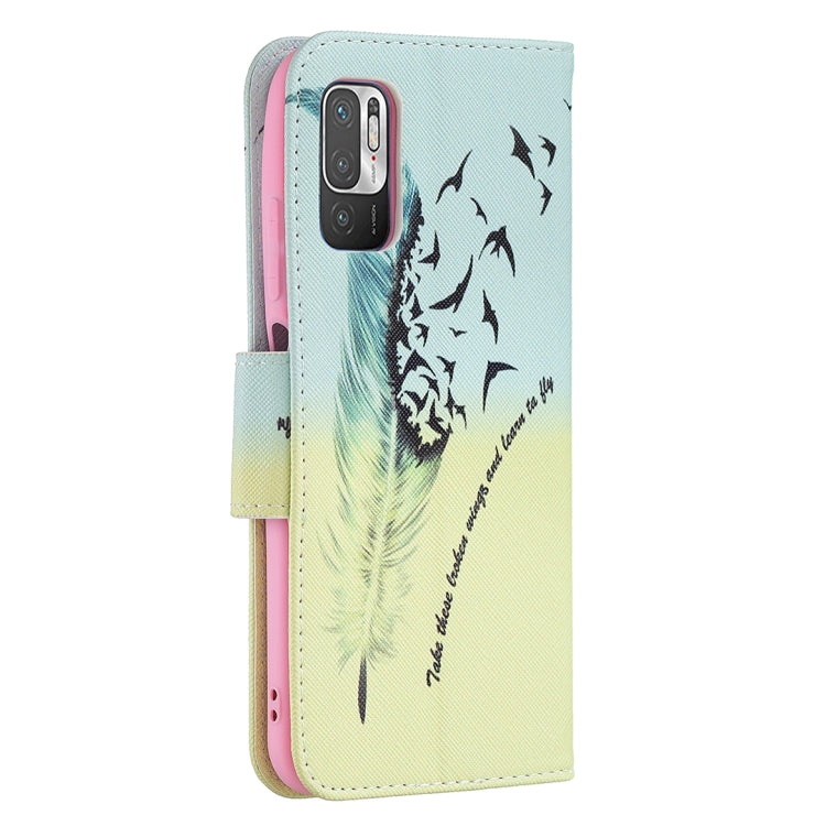 For Xiaomi Poco M3 Pro / Redmi Note 10 5G Colored Drawing Pattern Horizontal Flip Leather Case with Holder & Card Slots & Wallet(Feather) by buy2fix