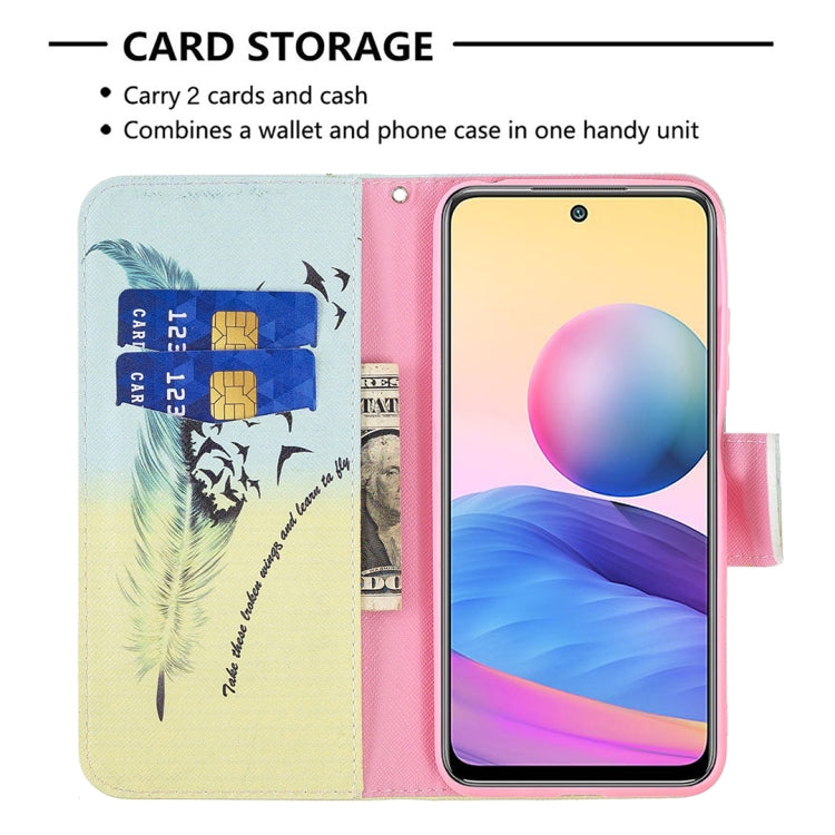 For Xiaomi Poco M3 Pro / Redmi Note 10 5G Colored Drawing Pattern Horizontal Flip Leather Case with Holder & Card Slots & Wallet(Feather) by buy2fix
