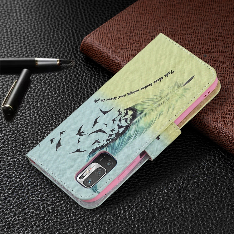 For Xiaomi Poco M3 Pro / Redmi Note 10 5G Colored Drawing Pattern Horizontal Flip Leather Case with Holder & Card Slots & Wallet(Feather) by buy2fix