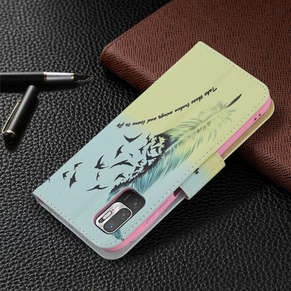 For Xiaomi Poco M3 Pro / Redmi Note 10 5G Colored Drawing Pattern Horizontal Flip Leather Case with Holder & Card Slots & Wallet(Feather) by buy2fix