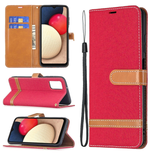 For Samsung Galaxy A03s 164mm Color Matching Denim Texture Horizontal Flip Leather Case with Holder & Card Slots & Wallet & Lanyard(Red)