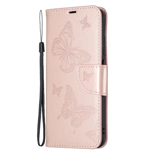 For Xiaomi Poco M3 Pro / Redmi Note 10 5G Embossing Two Butterflies Pattern Horizontal Flip PU Leather Case with Holder & Card Slot & Wallet & Lanyard(Rose Gold) by buy2fix