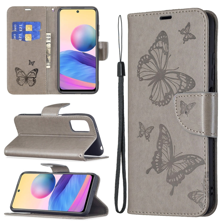 For Xiaomi Poco M3 Pro / Redmi Note 10 5G Embossing Two Butterflies Pattern Horizontal Flip PU Leather Case with Holder & Card Slot & Wallet & Lanyard(Grey) by buy2fix