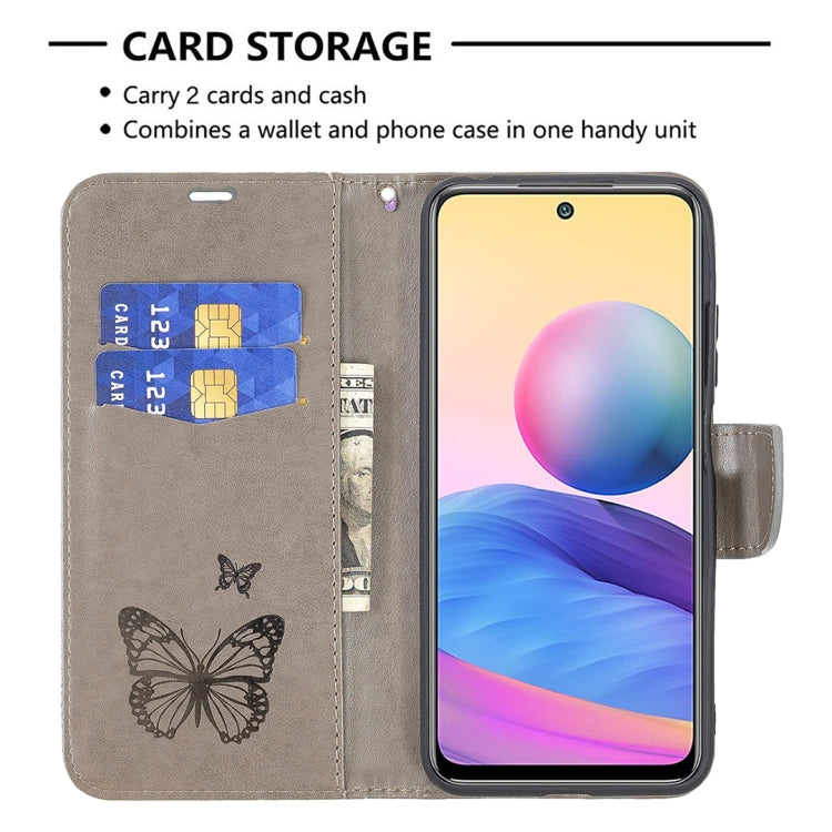 For Xiaomi Poco M3 Pro / Redmi Note 10 5G Embossing Two Butterflies Pattern Horizontal Flip PU Leather Case with Holder & Card Slot & Wallet & Lanyard(Grey) by buy2fix