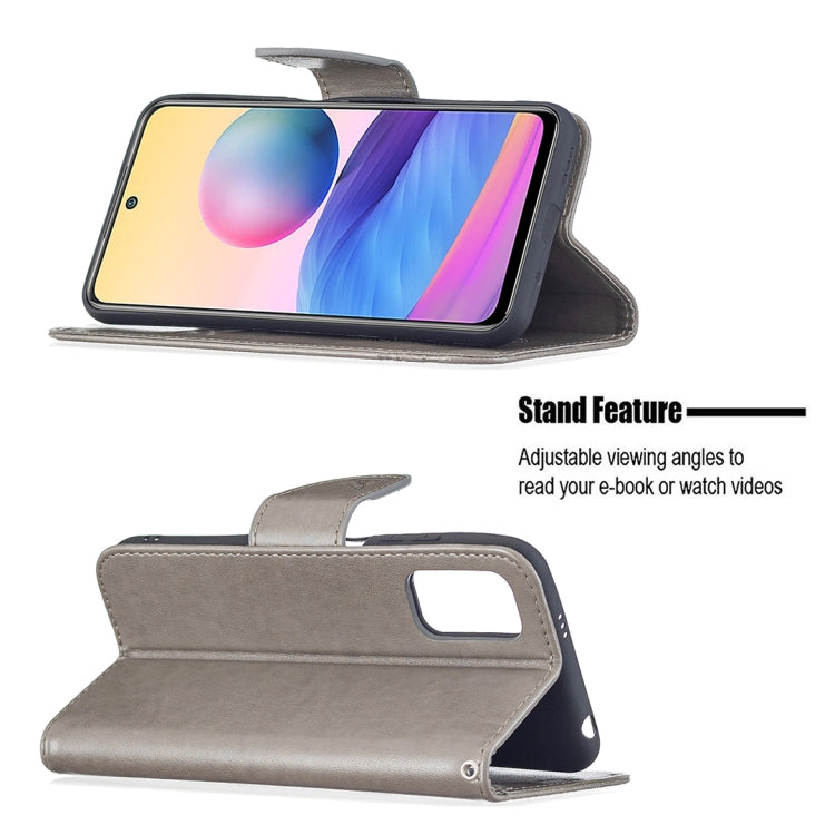 For Xiaomi Poco M3 Pro / Redmi Note 10 5G Embossing Two Butterflies Pattern Horizontal Flip PU Leather Case with Holder & Card Slot & Wallet & Lanyard(Grey) by buy2fix