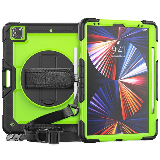 For iPad Pro 12.9 2022 / 2021 / 2020 / 2018 Shockproof Colorful Silicone + PC Protective Tablet Case with Holder & Shoulder Strap & Hand Strap & Pen Slot(Lime PC+Black)