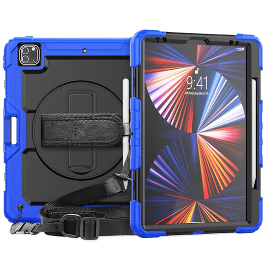 For iPad Pro 12.9 2022 / 2021 / 2020 / 2018 Shockproof Colorful Silicone + PC Protective Tablet Case with Holder & Shoulder Strap & Hand Strap & Pen Slot(Blue Silicone)
