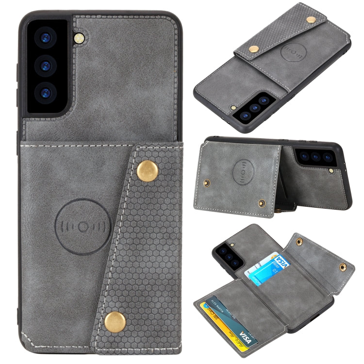 For Samsung Galaxy S21 FE Double Buckle PU + TPU Shockproof Magnetic Protective Case with Card Slot & Holder(Grey) by buy2fix