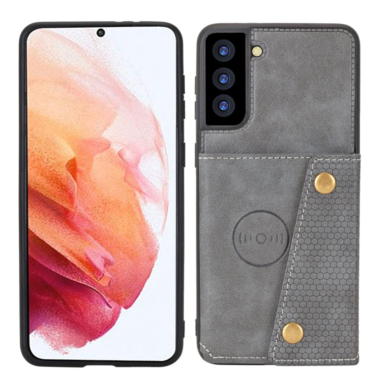 For Samsung Galaxy S21 FE Double Buckle PU + TPU Shockproof Magnetic Protective Case with Card Slot & Holder(Grey) by buy2fix
