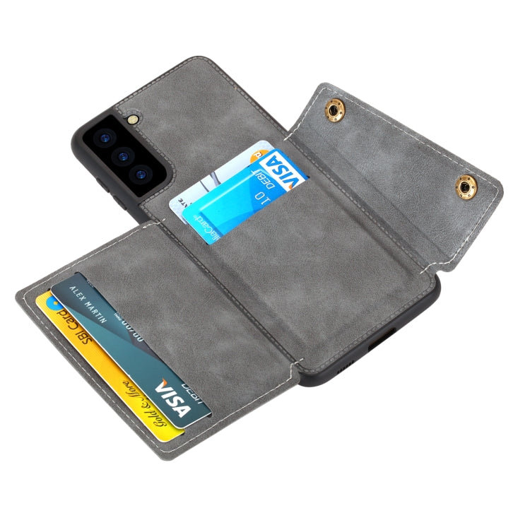 For Samsung Galaxy S21 FE Double Buckle PU + TPU Shockproof Magnetic Protective Case with Card Slot & Holder(Grey) by buy2fix