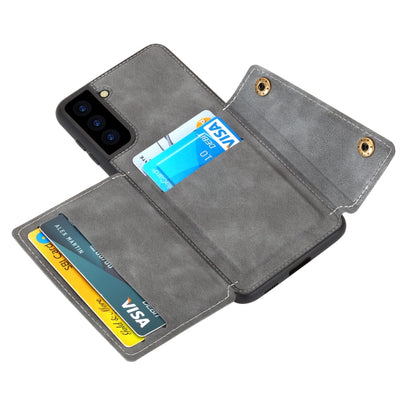 For Samsung Galaxy S21 FE Double Buckle PU + TPU Shockproof Magnetic Protective Case with Card Slot & Holder(Grey) by buy2fix