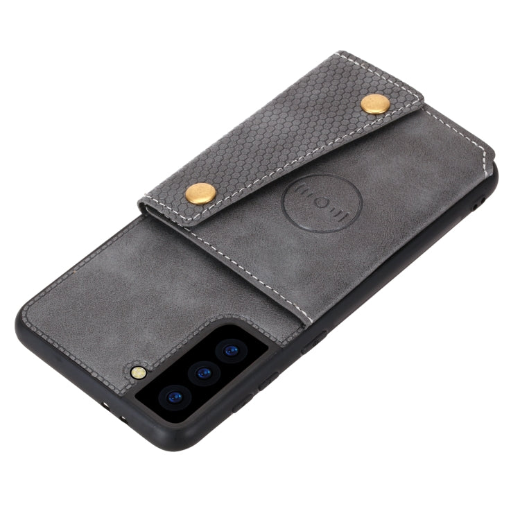 For Samsung Galaxy S21 FE Double Buckle PU + TPU Shockproof Magnetic Protective Case with Card Slot & Holder(Grey) by buy2fix