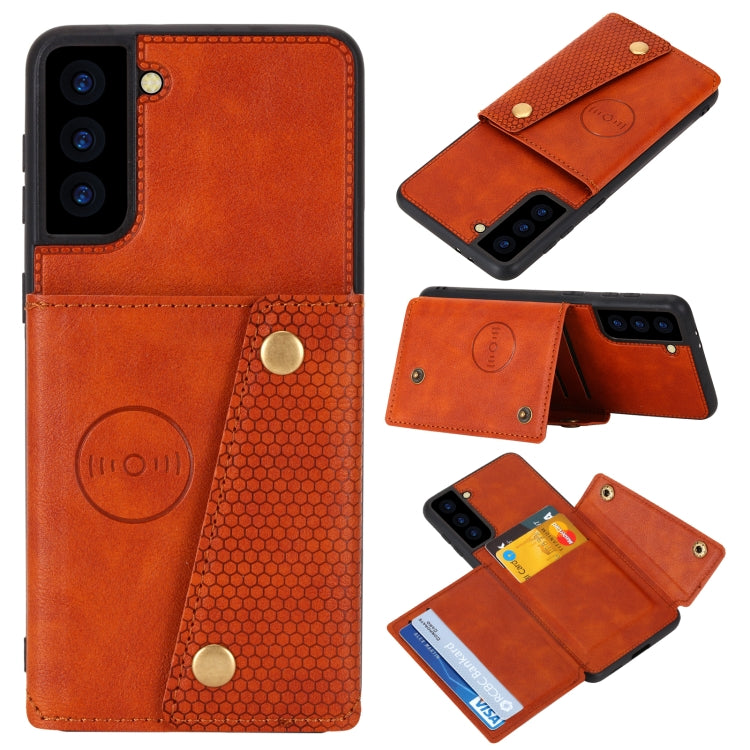 For Samsung Galaxy S21 FE Double Buckle PU + TPU Shockproof Magnetic Protective Case with Card Slot & Holder(Brown) by buy2fix