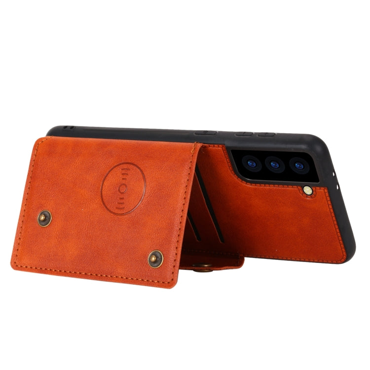 For Samsung Galaxy S21 FE Double Buckle PU + TPU Shockproof Magnetic Protective Case with Card Slot & Holder(Brown) by buy2fix