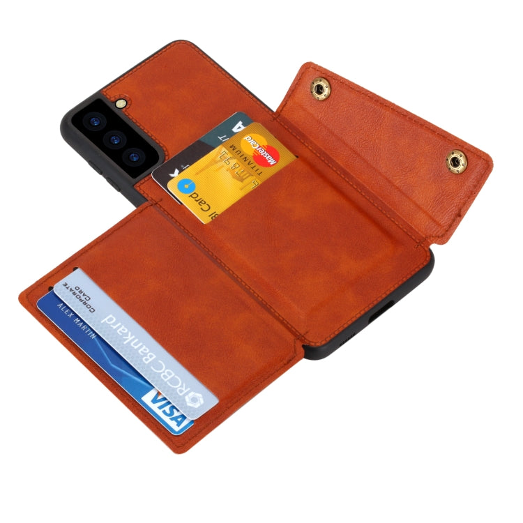 For Samsung Galaxy S21 FE Double Buckle PU + TPU Shockproof Magnetic Protective Case with Card Slot & Holder(Brown) by buy2fix