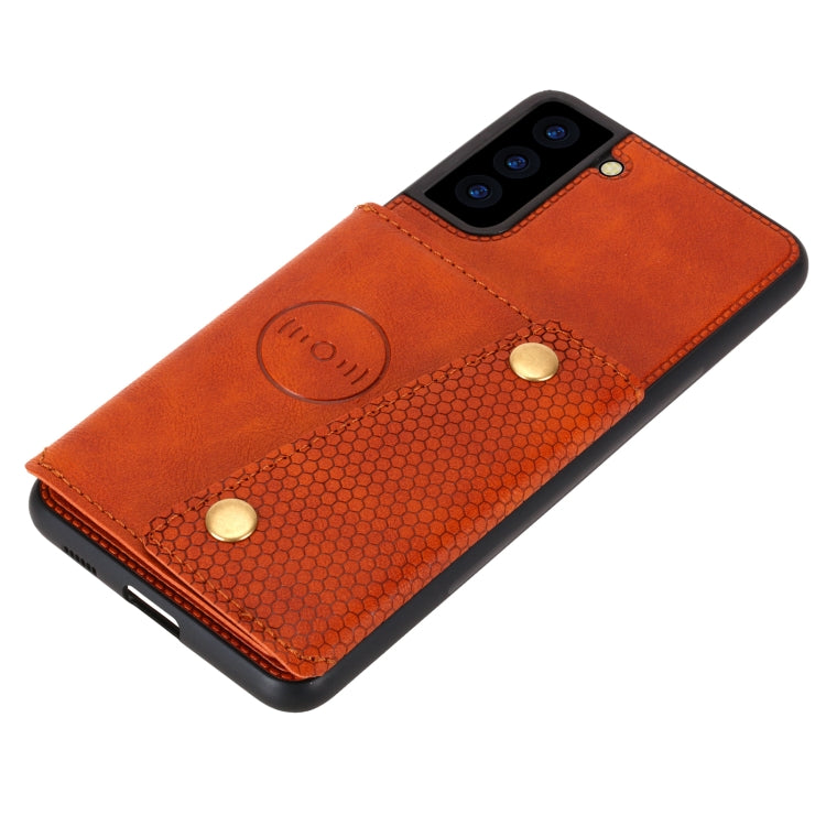 For Samsung Galaxy S21 FE Double Buckle PU + TPU Shockproof Magnetic Protective Case with Card Slot & Holder(Brown) by buy2fix