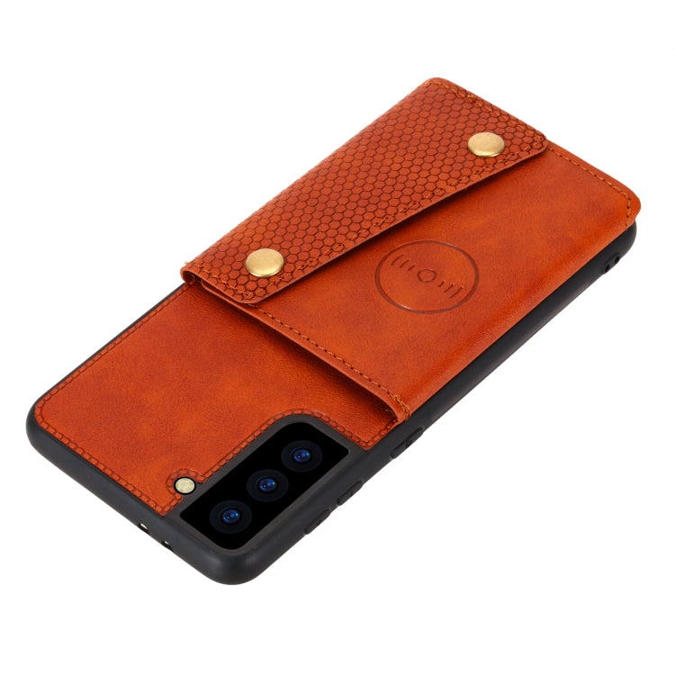 For Samsung Galaxy S21 FE Double Buckle PU + TPU Shockproof Magnetic Protective Case with Card Slot & Holder(Brown) by buy2fix