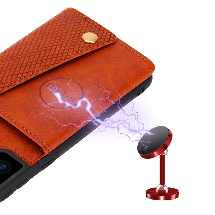 For Samsung Galaxy S21 FE Double Buckle PU + TPU Shockproof Magnetic Protective Case with Card Slot & Holder(Brown) by buy2fix