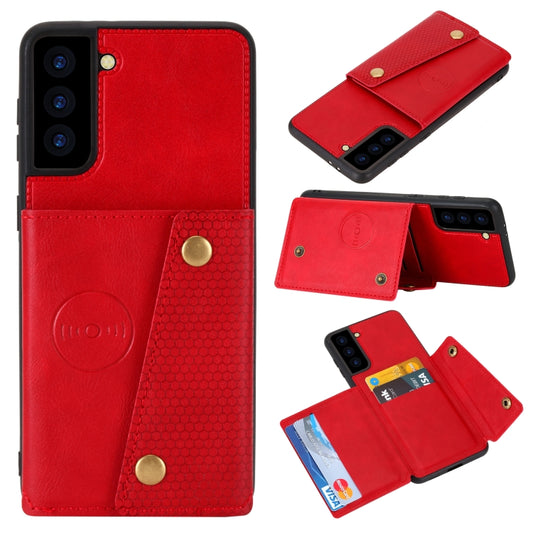 For Samsung Galaxy S21 FE Double Buckle PU + TPU Shockproof Magnetic Protective Case with Card Slot & Holder(Red) by buy2fix