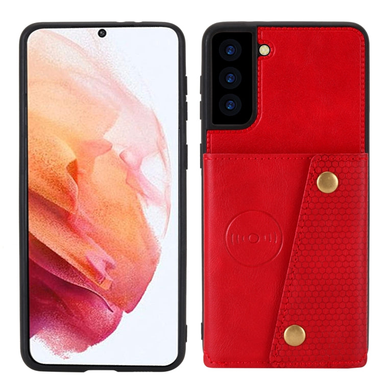 For Samsung Galaxy S21 FE Double Buckle PU + TPU Shockproof Magnetic Protective Case with Card Slot & Holder(Red) by buy2fix