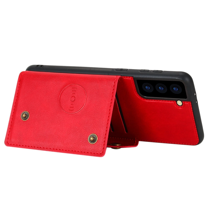 For Samsung Galaxy S21 FE Double Buckle PU + TPU Shockproof Magnetic Protective Case with Card Slot & Holder(Red) by buy2fix