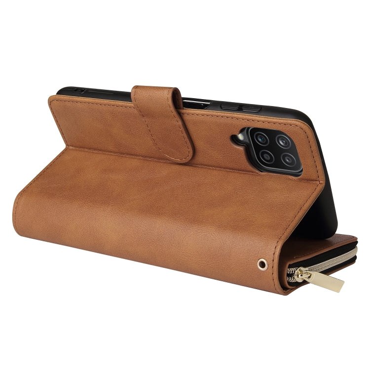 For Samsung Galaxy A12 5G Zipper Wallet Bag Horizontal Flip PU Leather Case with Holder & 9 Card Slots & Wallet & Lanyard & Photo Frame(Brown) by buy2fix