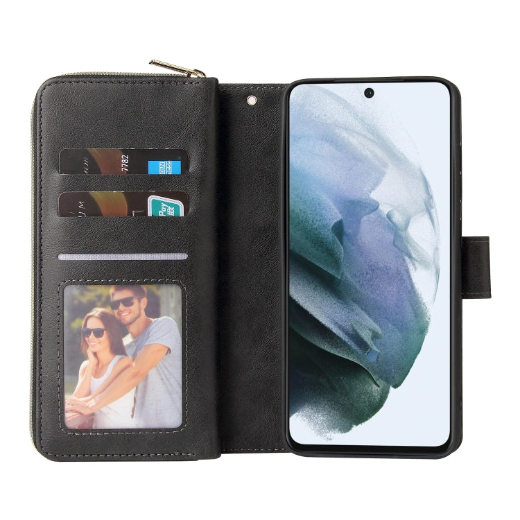 For Samsung Galaxy S21 FE Zipper Wallet Bag Horizontal Flip PU Leather Case with Holder & 9 Card Slots & Wallet & Lanyard & Photo Frame(Black) by buy2fix