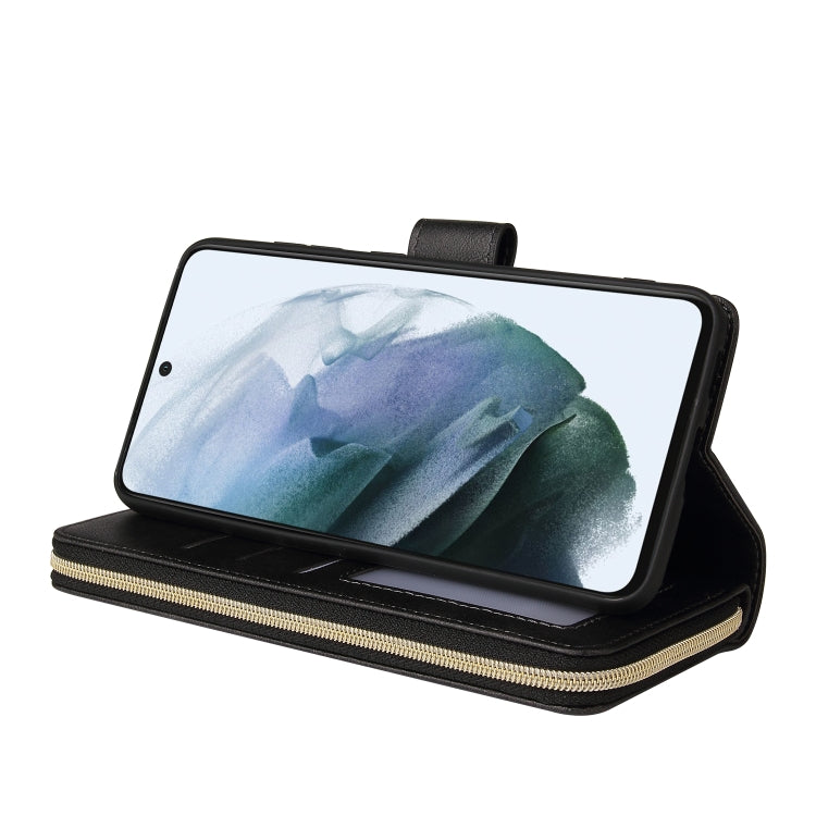 For Samsung Galaxy S21 FE Zipper Wallet Bag Horizontal Flip PU Leather Case with Holder & 9 Card Slots & Wallet & Lanyard & Photo Frame(Black) by buy2fix
