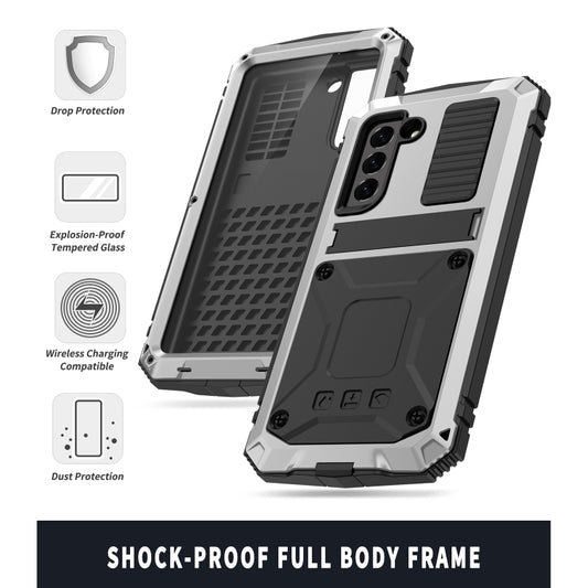 For Samsung Galaxy S21 FE R-JUST Shockproof Waterproof Dust-proof Metal + Silicone Protective Case with Holder(Silver) by R-JUST