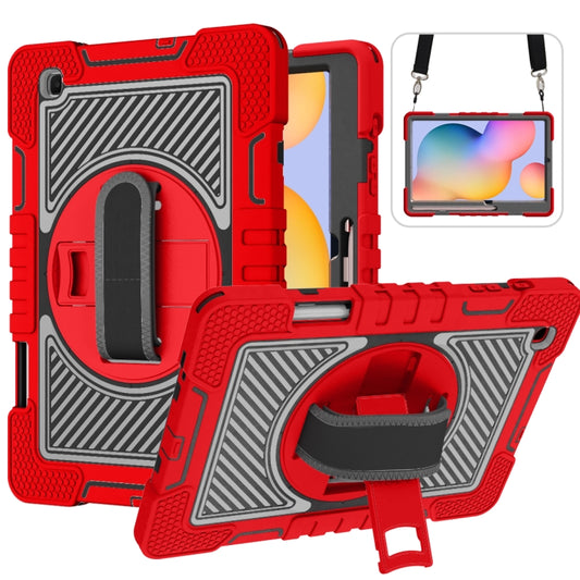 For Samsung Galaxy Tab S6 Lite P610/P615 360 Degree Rotation Contrast Color Shockproof Silicone + PC Case with Holder & Hand Grip Strap & Shoulder Strap(Red+Black) - Samsung Accessories by buy2fix | Online Shopping UK | buy2fix