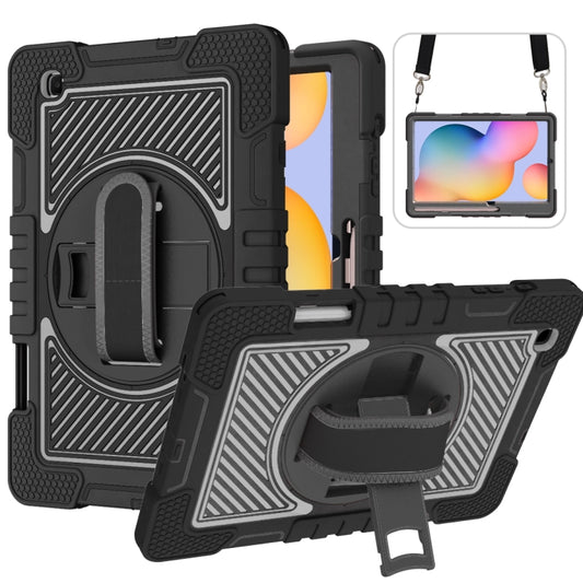 For Samsung Galaxy Tab S6 Lite P610/P615 360 Degree Rotation Contrast Color Shockproof Silicone + PC Case with Holder & Hand Grip Strap & Shoulder Strap(Black) - Samsung Accessories by buy2fix | Online Shopping UK | buy2fix