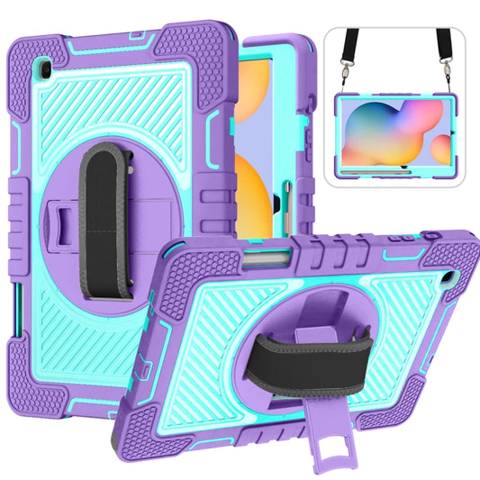 For Samsung Galaxy Tab S6 Lite P610/P615 360 Degree Rotation Contrast Color Shockproof Silicone + PC Case with Holder & Hand Grip Strap & Shoulder Strap(Purple + Mint Green) - Samsung Accessories by buy2fix | Online Shopping UK | buy2fix