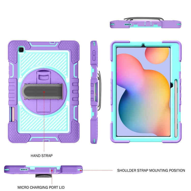 For Samsung Galaxy Tab S6 Lite P610/P615 360 Degree Rotation Contrast Color Shockproof Silicone + PC Case with Holder & Hand Grip Strap & Shoulder Strap(Purple + Mint Green) - Samsung Accessories by buy2fix | Online Shopping UK | buy2fix