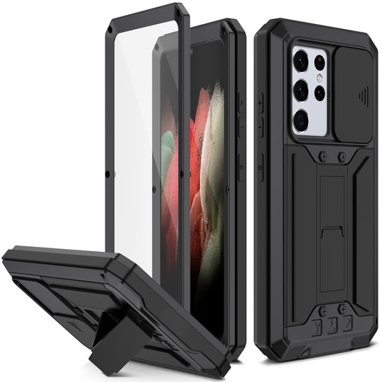 Pour Samsung Galaxy S21 Ultra 5G R-JUST Couvercle d'objectif coulissant Antichoc Anti-poussière Étanche Métal + Étui en Silicone avec Support Invisible (Noir)
