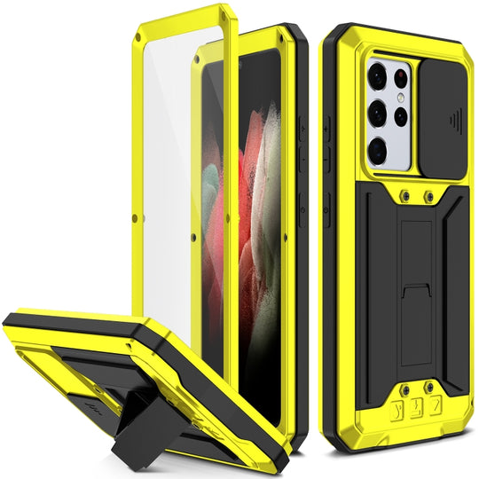 For Samsung Galaxy S21 Ultra 5G R-JUST Sliding Lens Cover Shockproof Dustproof Waterproof Metal + Silicone Case with Invisible Holder(Yellow)