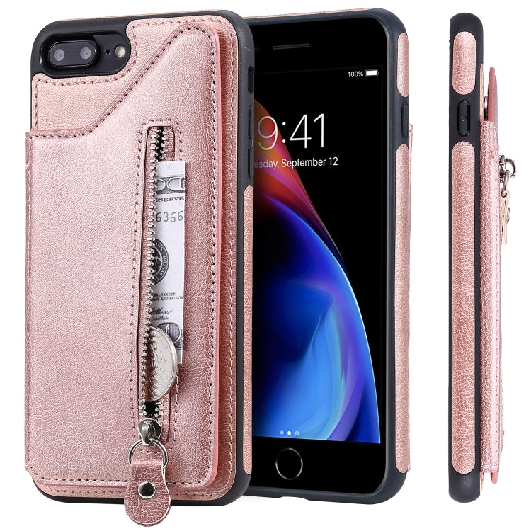 For iPhone 8 Plus / 7 Plus Solid Color Double Buckle Zipper Shockproof Protective Case(Rose Gold) by buy2fix