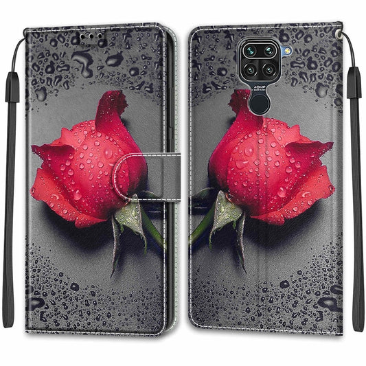 For Xiaomi Redmi Note 9/Redmi 10X 4G Voltage Coloured Drawing Magnetic Clasp Horizontal Flip PU Leather Case with Holder & Card Slots(C14 Black Water Drop Rose) by buy2fix