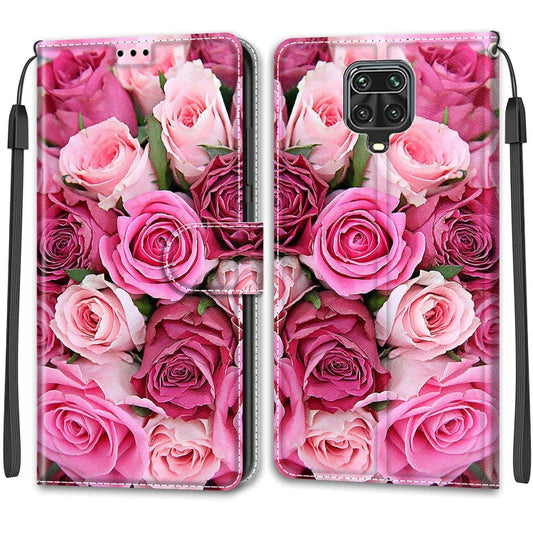 For Xiaomi Redmi Note 9S/9 Pro Voltage Coloured Drawing Magnetic Clasp Horizontal Flip PU Leather Case with Holder & Card Slots(C17 Green Leaf Pink Rose) by buy2fix