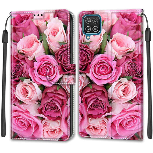 For Samsung Galaxy A12 / M12 Voltage Colored Drawing Magnetic Clasp Horizontal Flip PU Leather Case with Holder & Card Slots(C17 Green Leaf Pink Rose) by buy2fix