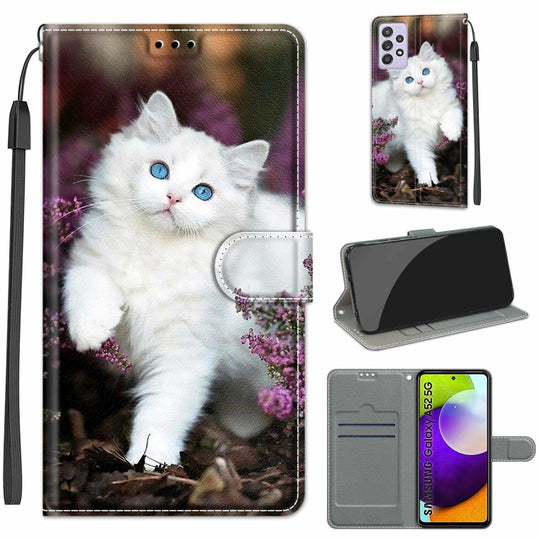 For Samsung Galaxy A52 5G Voltage Colored Drawing Magnetic Clasp Horizontal Flip PU Leather Case with Holder & Card Slots(C08 Flower Bush Big White Cat)
