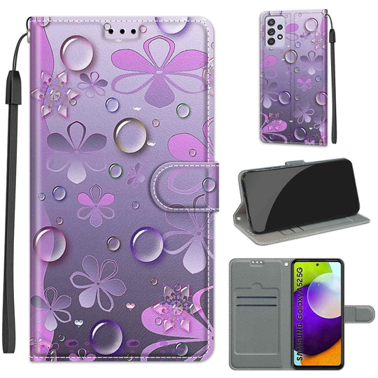 For Samsung Galaxy A52 5G Voltage Colored Drawing Magnetic Clasp Horizontal Flip PU Leather Case with Holder & Card Slots(C16 Water Drop Six Petal Flower)