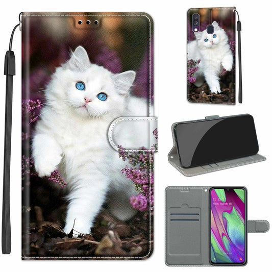 For Samsung Galaxy A40 Voltage Colored Drawing Magnetic Clasp Horizontal Flip PU Leather Case with Holder & Card Slots(C08 Flower Bush Big White Cat) by buy2fix
