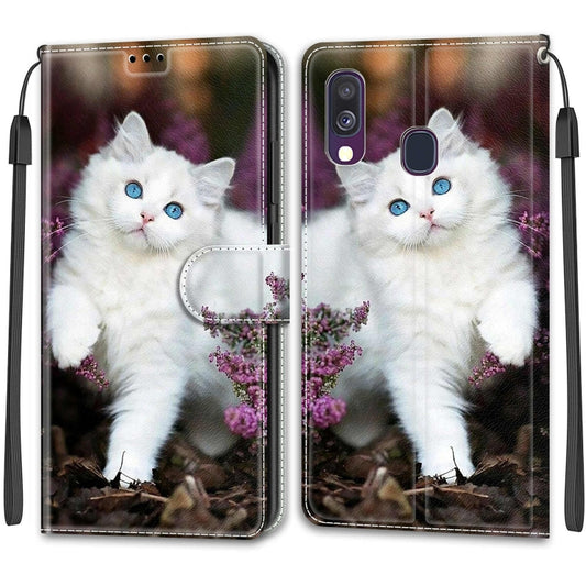 For Samsung Galaxy A40 Voltage Colored Drawing Magnetic Clasp Horizontal Flip PU Leather Case with Holder & Card Slots(C08 Flower Bush Big White Cat) by buy2fix
